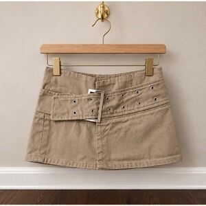 Motel Rocks Khaki Tan Cotton Belted Grommet Mini Skirt XS Y2K Utility
